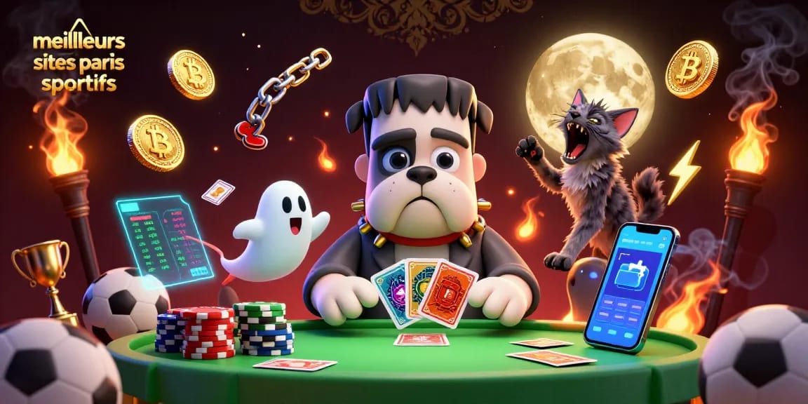 Découvrez les meilleurs sites paris sportifs avec un bulldog Frankenstein au poker, ambiance animée.