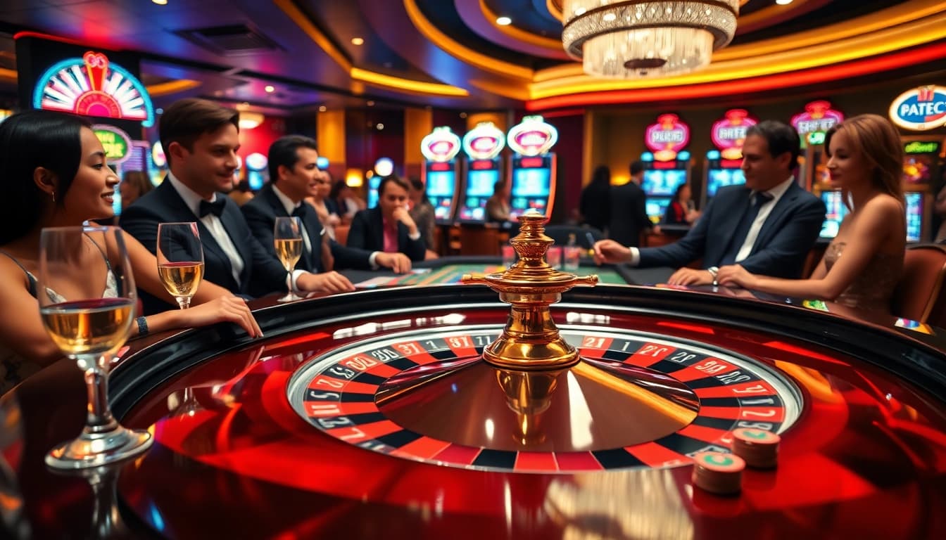 Casino spielen an einem eleganten Roulettetisch in einem stilvollen Casino mit aufregenden Spielern.