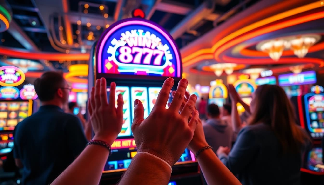 Engaging moment at a slot777 machine with players cheering, excitement in the casino atmosphere.