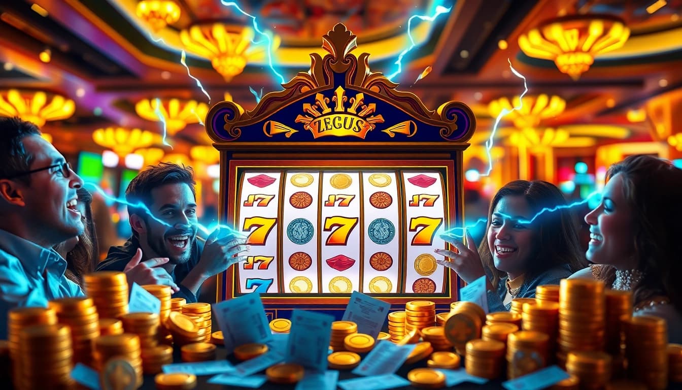 Play the exciting slot zeus with vibrant lights and thrilling wins in a luxurious casino setting.