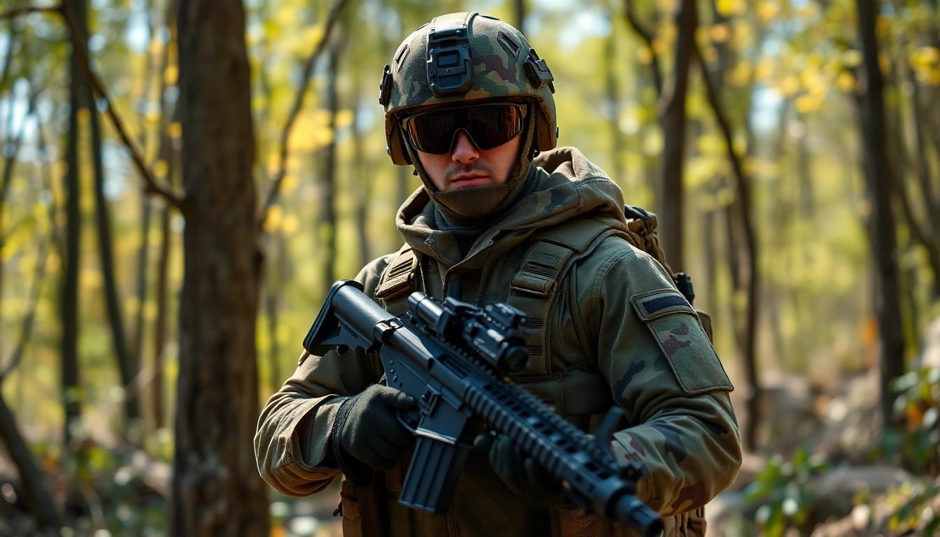 Legerprint stof in een tactische setting, met een soldaat in actie en levendige camouflage details.