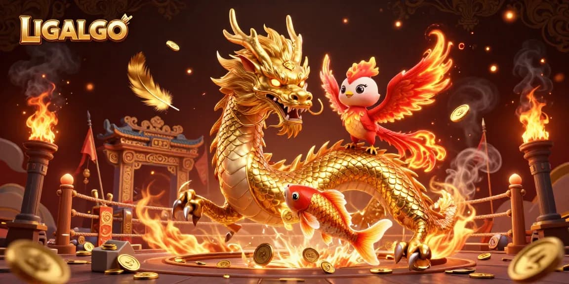 LIGALGO elevates the gaming experience with vibrant visuals featuring a dragon, phoenix, and koi fish in an immersive casino scene.