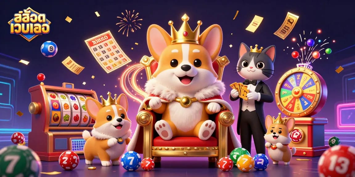 Engage with สล็อตเว็บตรง as a royal corgi enjoys vibrant slot games amid dynamic lottery and casino elements.