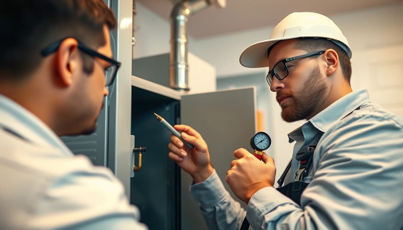 Heating repair goldens bridge technician examining a furnace in a clean, organized utility room.