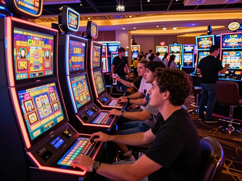 Friends enjoying link slot games in a vibrant Las Vegas casino setting with colorful lights.