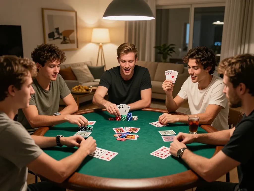 Friends enjoying kèo nhà cái during a lively online poker night with chips and strategy discussions