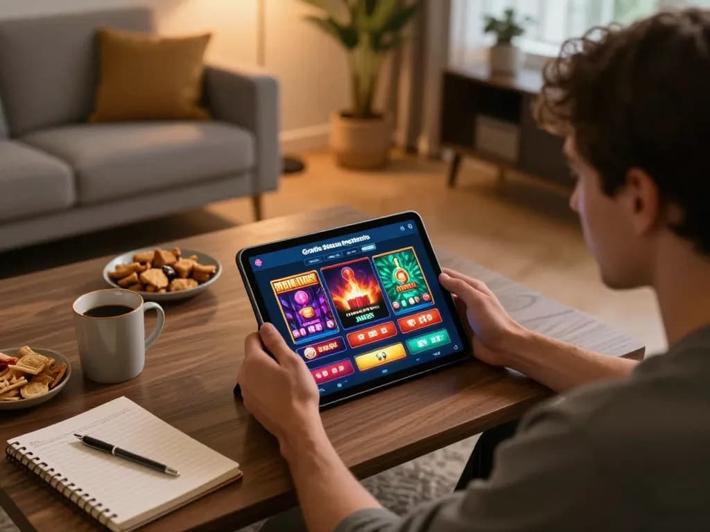 Engaging in casino gratis senza registrazione gaming on a tablet in a cozy home setting with ambient lighting.