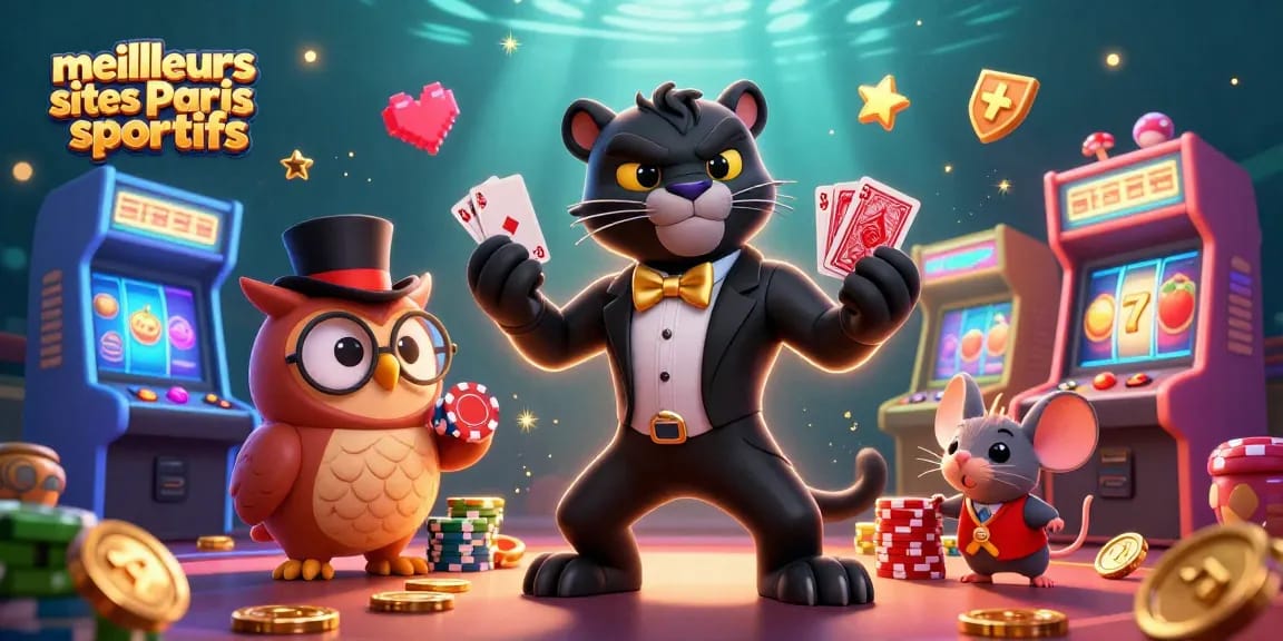 Découvrez les meilleurs sites de paris sportifs avec une illustration colorée de personnages de casino animés.