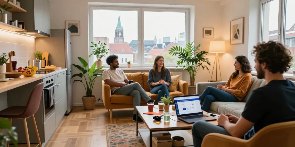 Monteurzimmer Hannover in gemütlichem Wohnraum mit entspannten Gästen, die gesellige Atmosphäre genießen.
