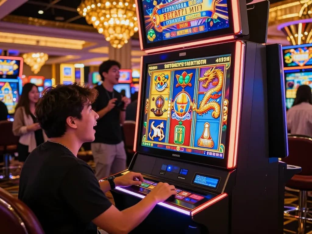 Pemain terbenam dalam pengalaman permainan slot link yang mendebarkan di kasino yang berwarna-warni.