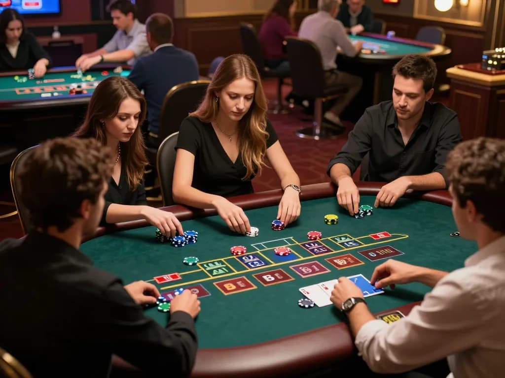 Agen Casino Online players passionately engage in a baccarat game, showcasing vibrant betting options and warm atmosphere.