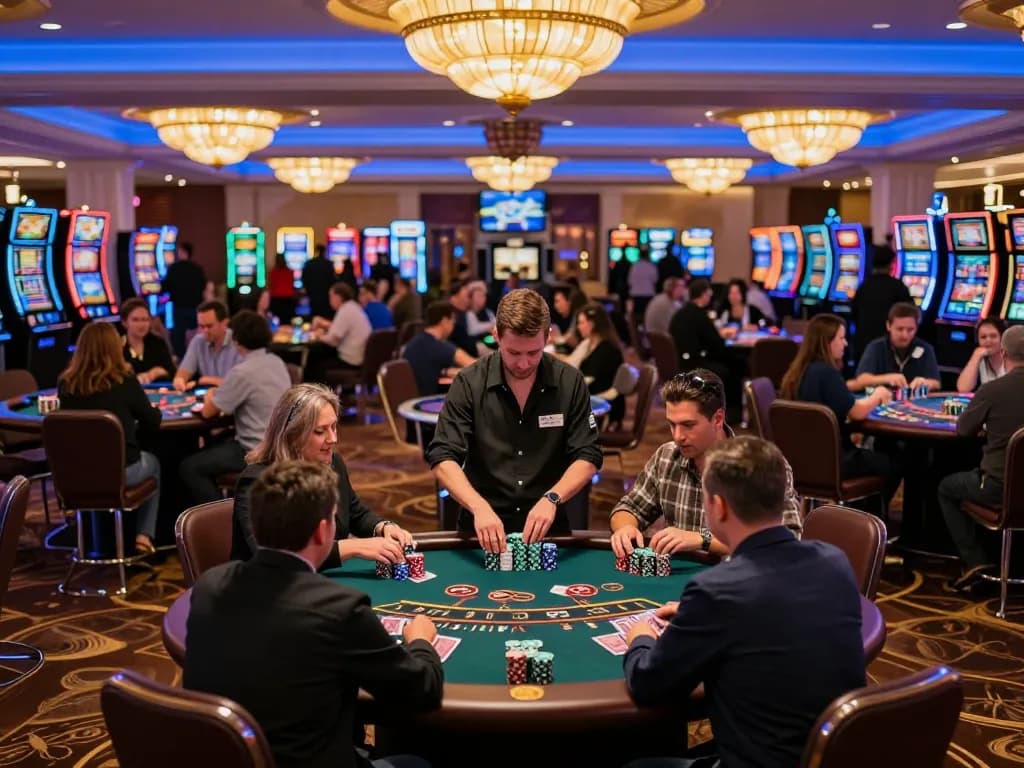 Players enjoying blackjack action at an upscale casino featuring 388bet tables, vibrant lighting enhances the atmosphere