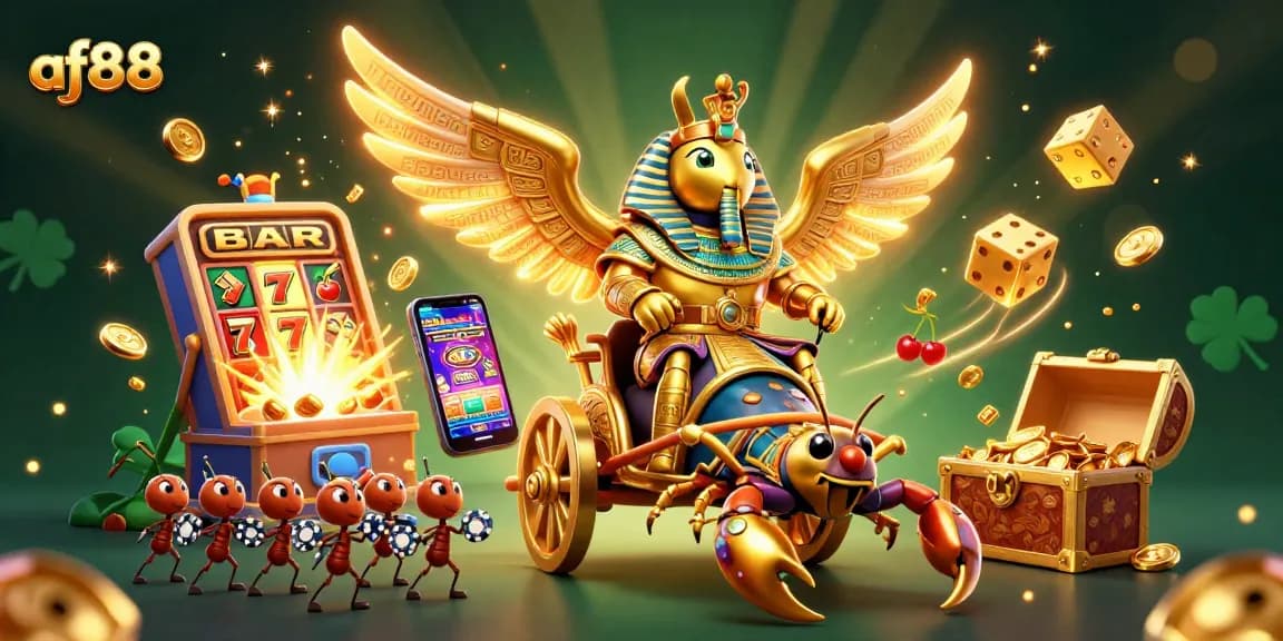 Win big at af88 with a dazzling 3D casino world featuring a golden scarab beetle and slot jackpots.