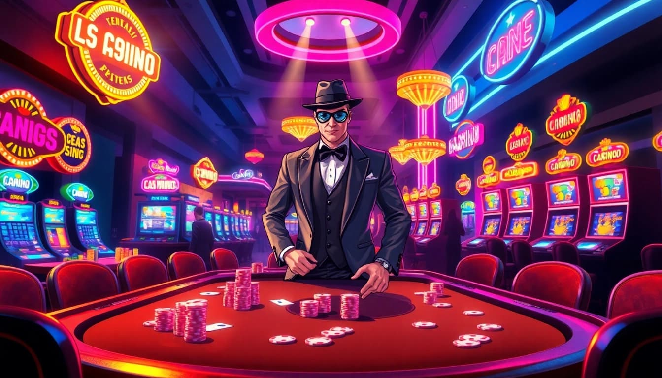 Engage with the exciting atmosphere of Vegas hero at a lively casino scene featuring gaming tables and neon lights.
