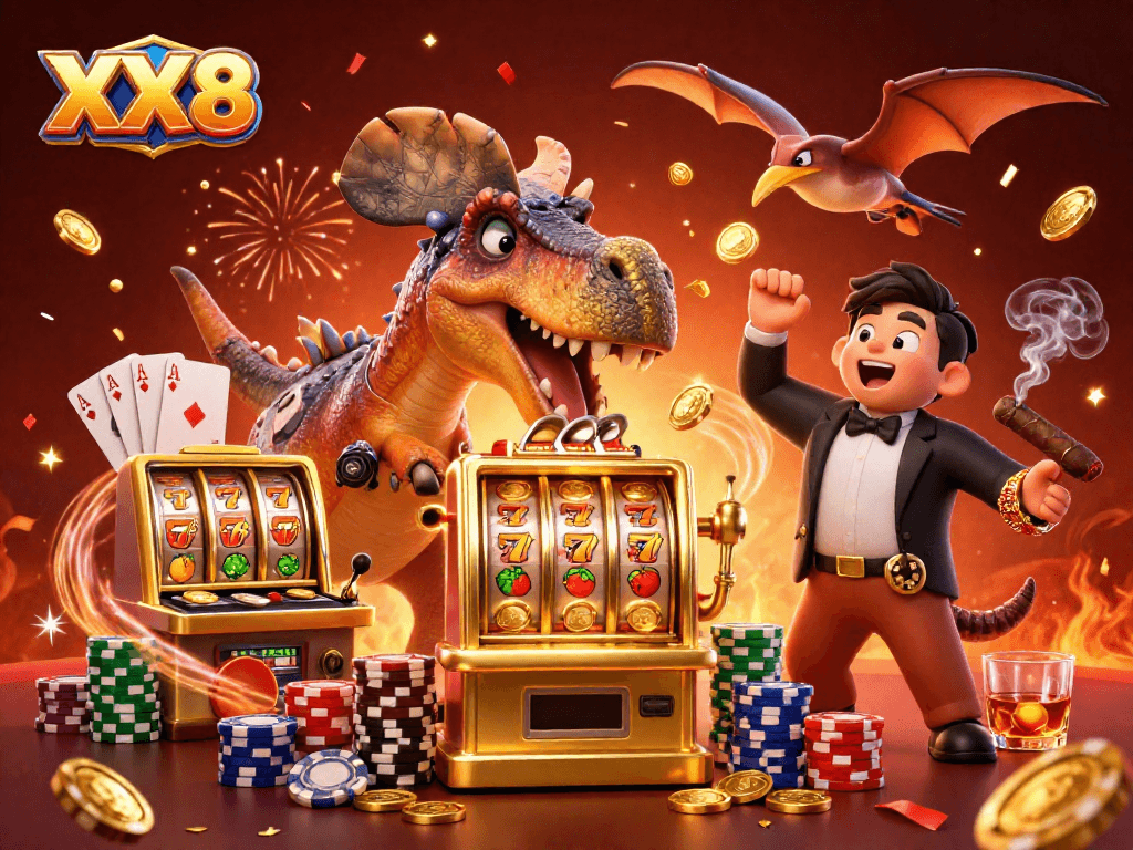 Experience XX8 excitement as a pachycephalosaurus hits a golden slot machine amid casino chaos.