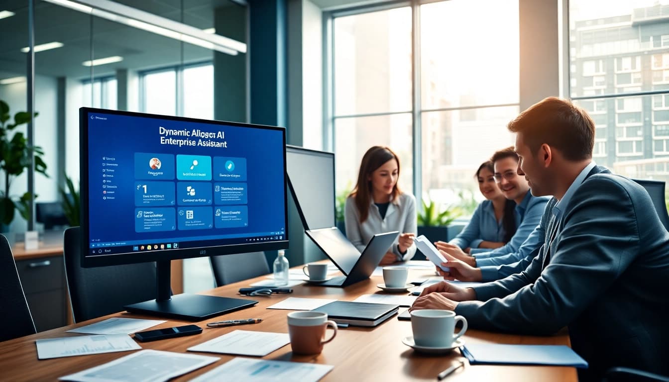 Group of professionals engaging with an enterprise assistant in a modern office setting