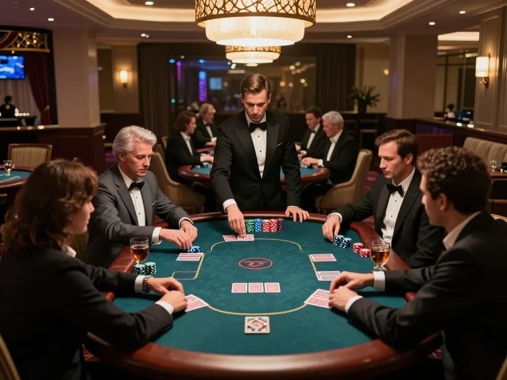 Players engaged at a VIP poker table in a luxury casino, fostering a competitive situs slot atmosphere.