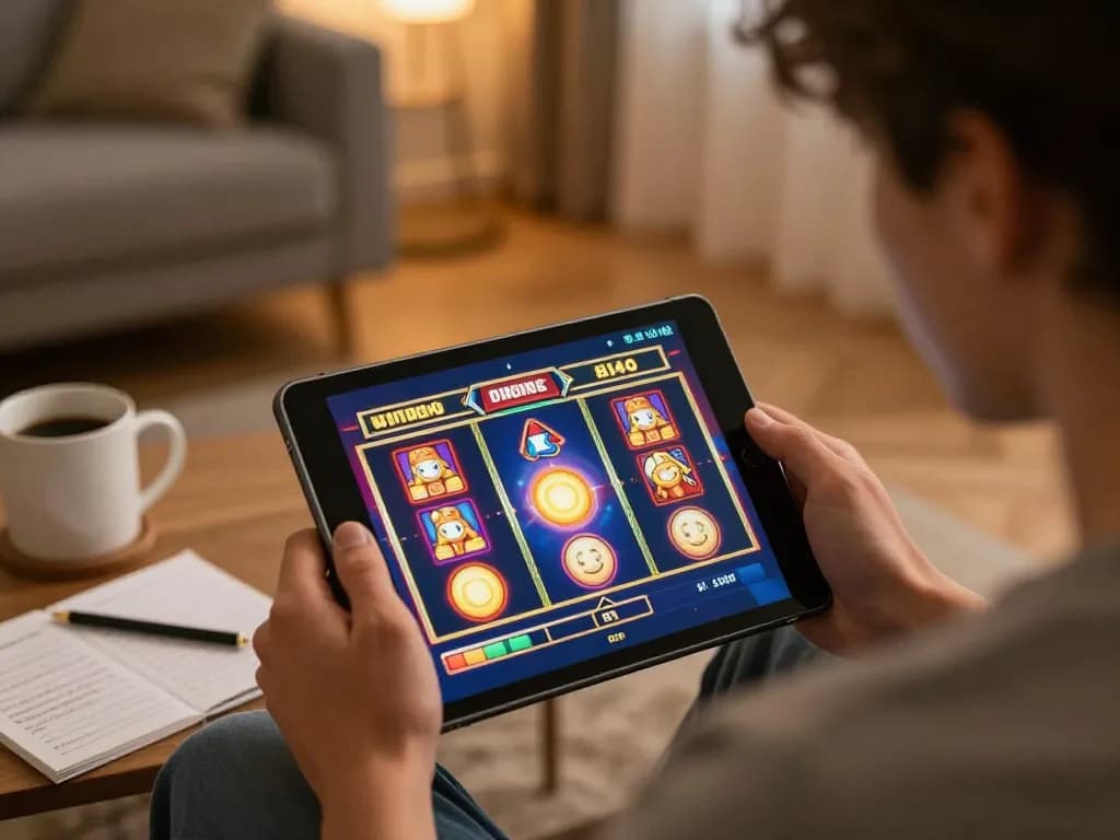 Enjoying slot online games on a tablet in a cozy home setup with vibrant graphics and coffee nearby.