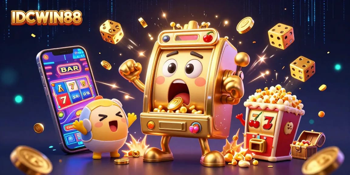 Spin to win at IDCWIN88 with a vibrant 3D jackpot celebration featuring dynamic slot machines and treasures!