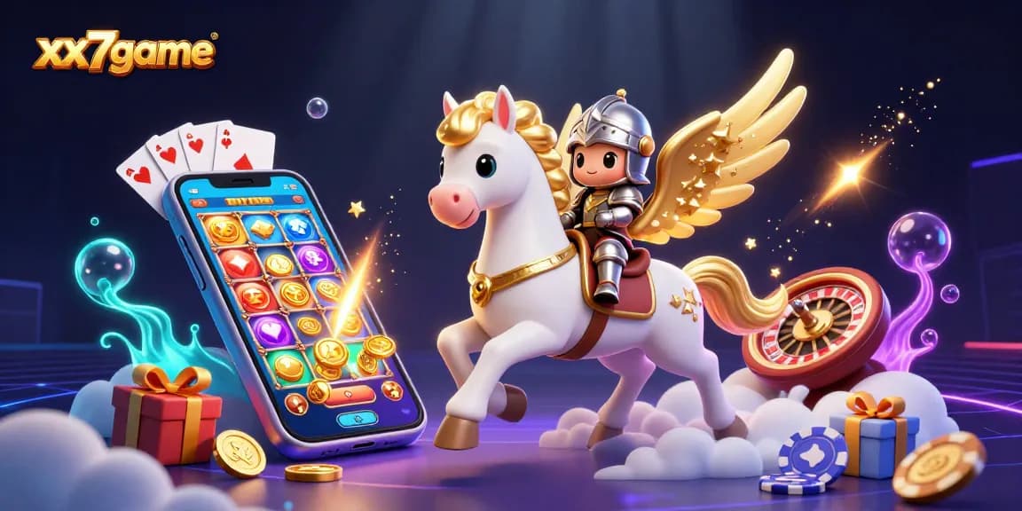 Engage with xx7game's thrilling slot experience in a vibrant 3D casino scene, showcasing gameplay excitement.