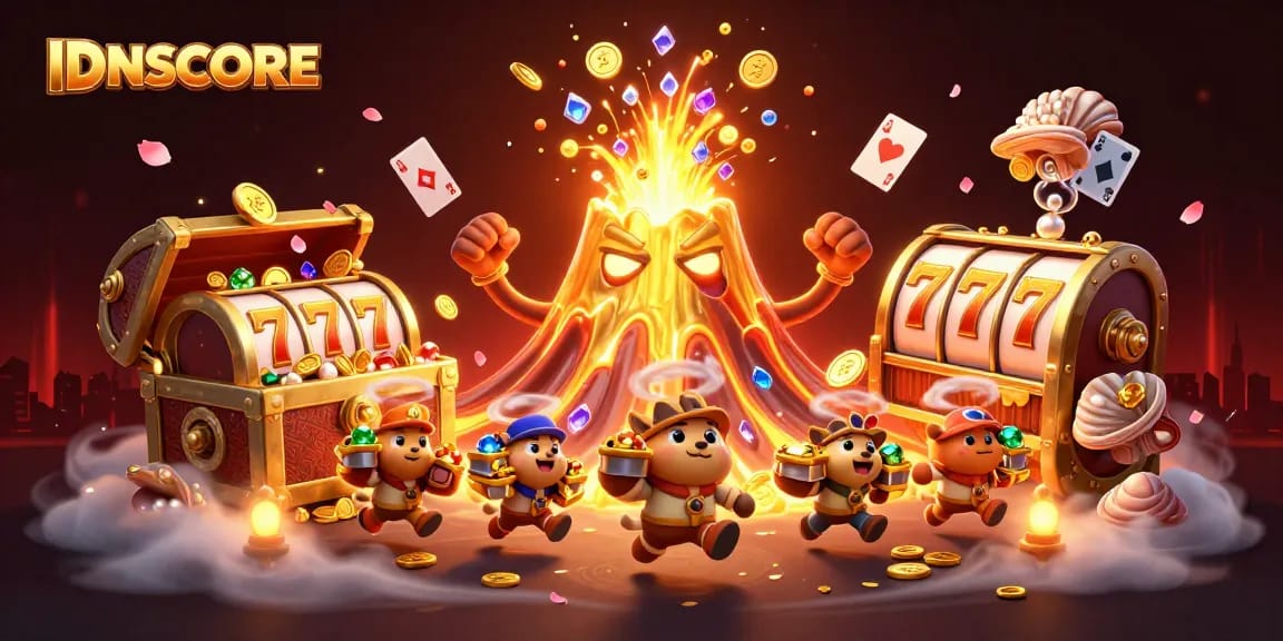 Win big at IDNSCORE with a colorful 3D treasure eruption, featuring vibrant casino elements.