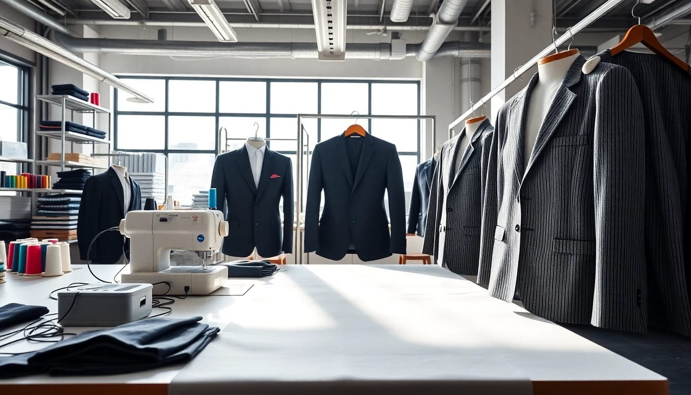 Apparel Manufacturer crafting quality blazers with vibrant fabrics in a stylish studio.