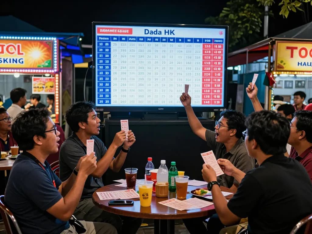 Excited players checking Data HK results in a vibrant Togel Hongkong betting scene.