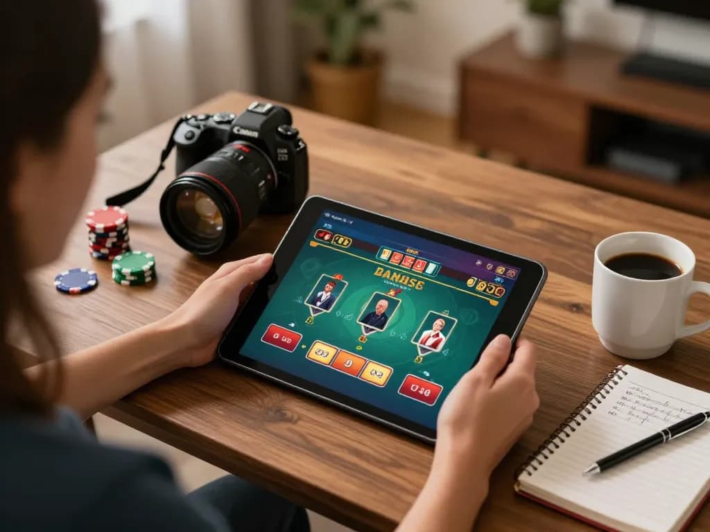 Engaging in online casinos in Canada reddit for strategic gameplay at home with tablet and notes.