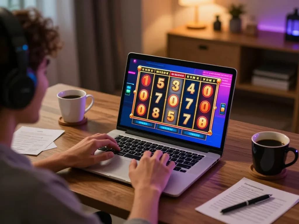 Player winning on slots not on Gamstop in a stylish home office environment with warm lighting.
