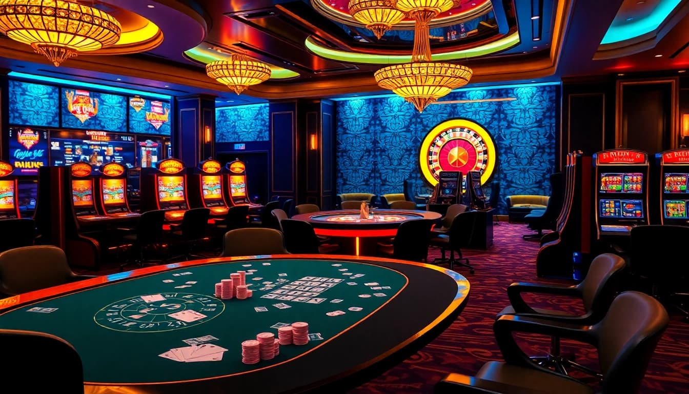 Adegan kasino yang hidup menampilkan semangat Slot Depo 5k dengan para pemain yang terlibat di meja dan mesin slot.