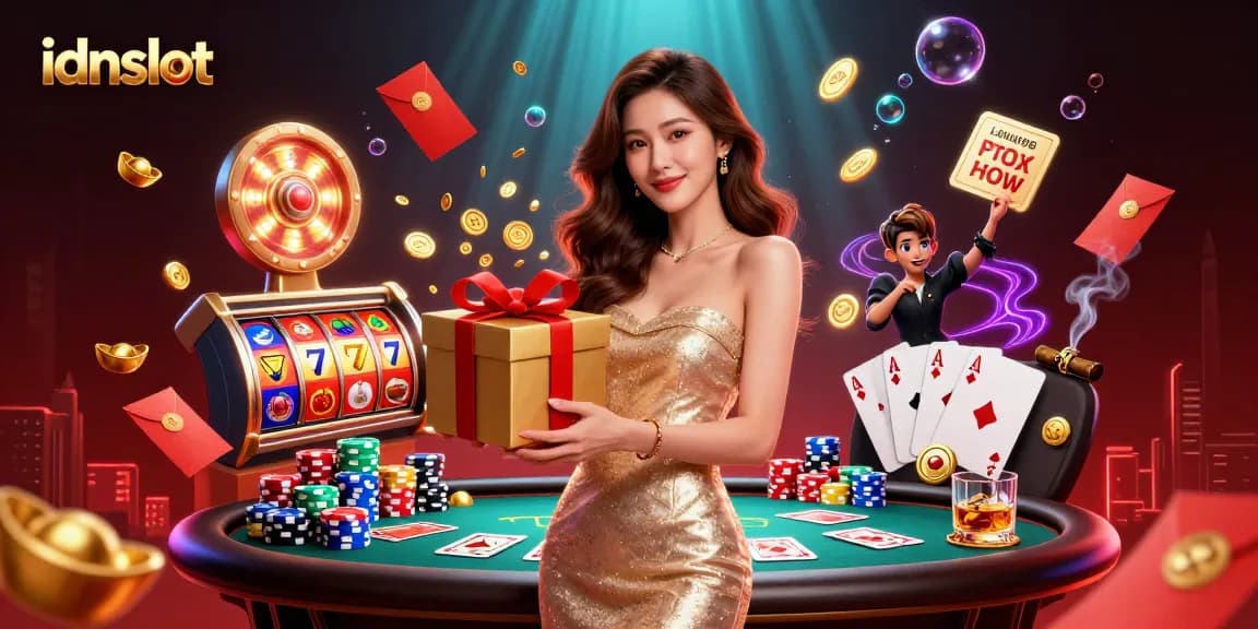 Experience slot gaming like never before with idnslot's festive illustration featuring a welcoming queen of the casino.