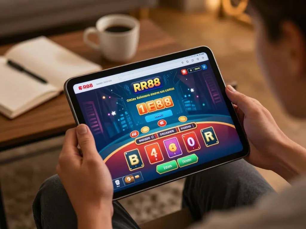 Engaging with the RR88 App for online casino gaming in a cozy home setting, showcasing live dealer action.