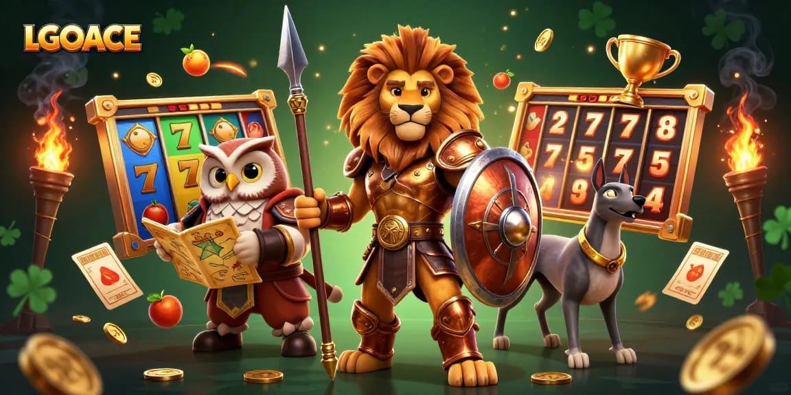LGOACE showcases an exhilarating scene with a Spartan lion, owl strategist, and greyhound amidst slot games and vibrant casino elements.