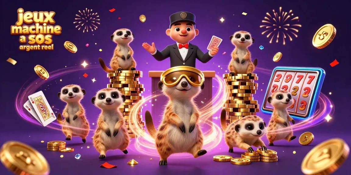 Jouez aux jeux de machines à sous en argent réel avec des suricates animés dans un casino animé.