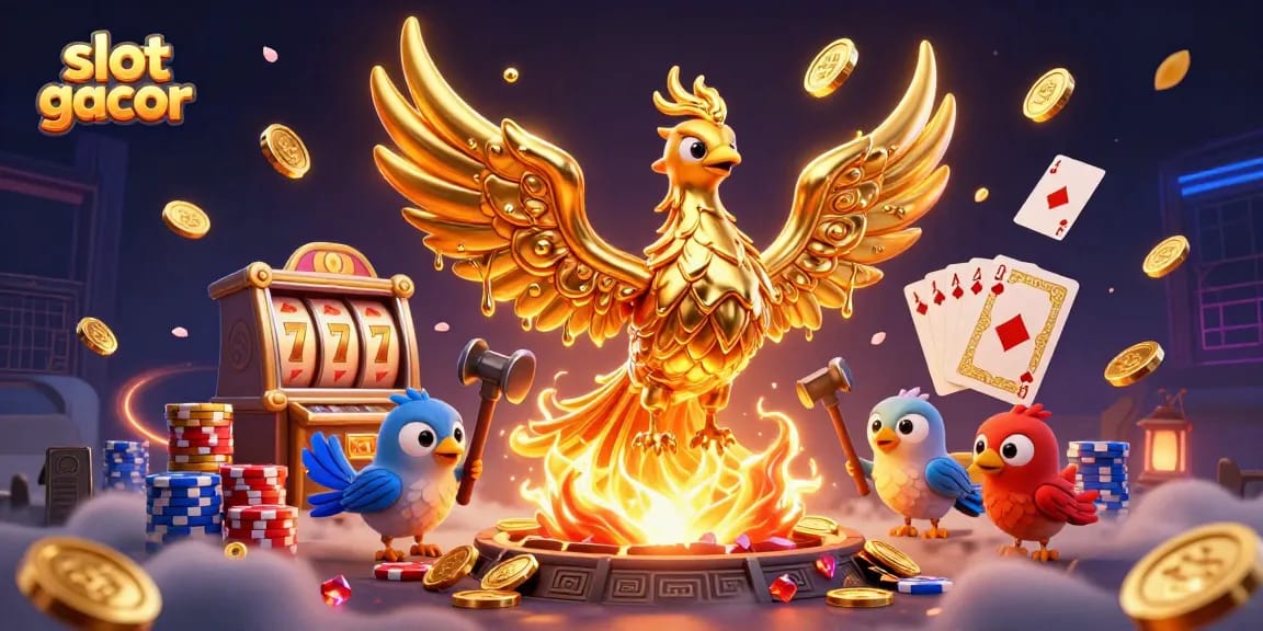 Experience the excitement of slot gacor with golden phoenix and sparkling coins in an engaging casino scene.