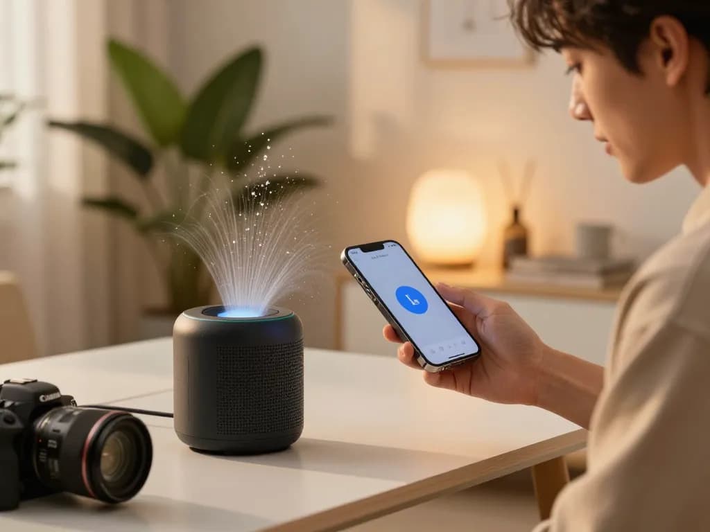 Fix My Speaker tool in action with smartphone ejecting water from phone speaker in a cozy home environment.