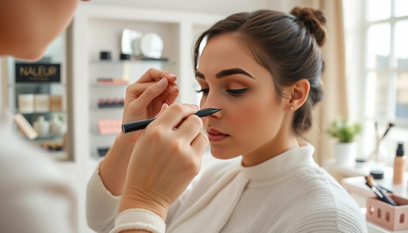 Apply eyebrow pen expertly for perfectly defined brows in a bright makeup studio.