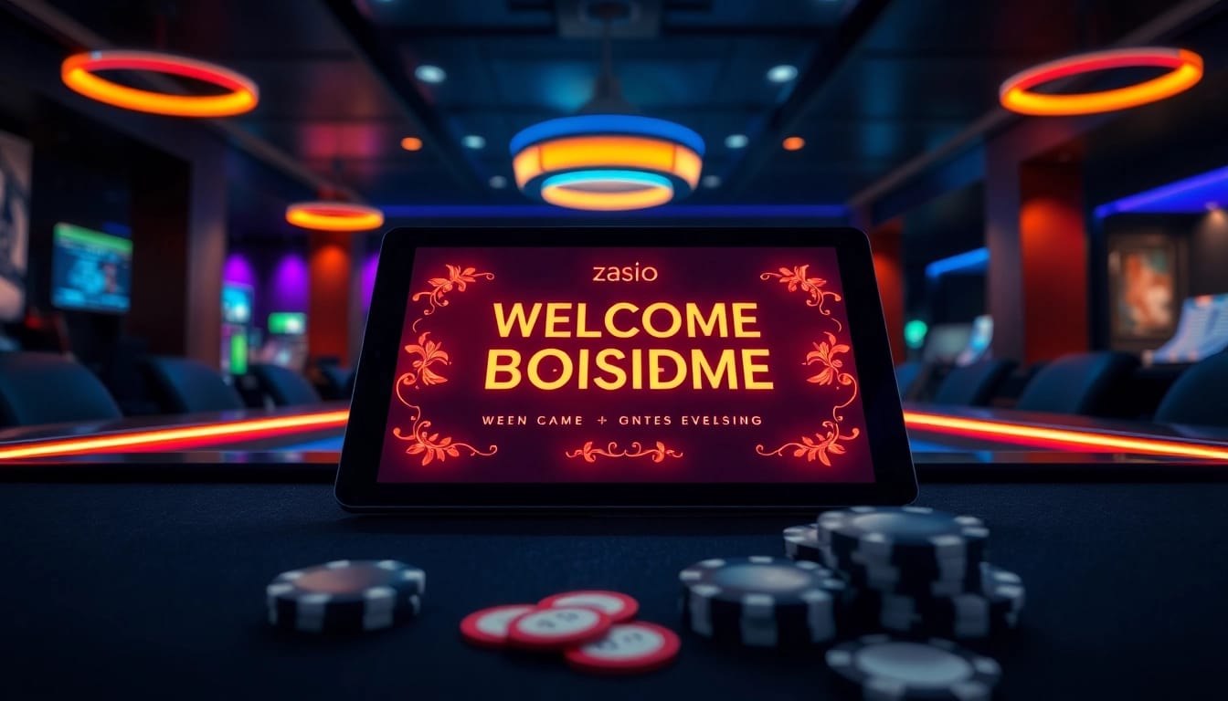 Discover creative welcome bonuses showcased on a digital tablet in a vibrant gaming environment.