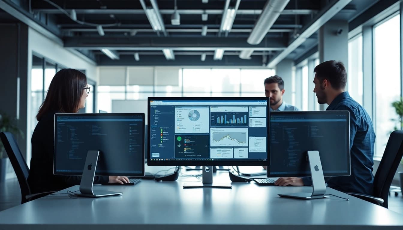 Proxmox Virtualization Experts collaborating in a sleek office space to deliver innovative solutions.