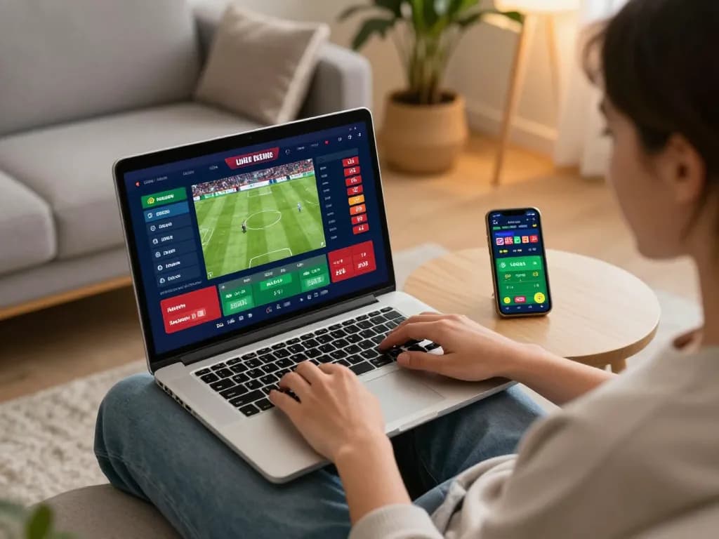 Engaging in strategic kèo nhà cái betting on an online sports app from a cozy living room setup.