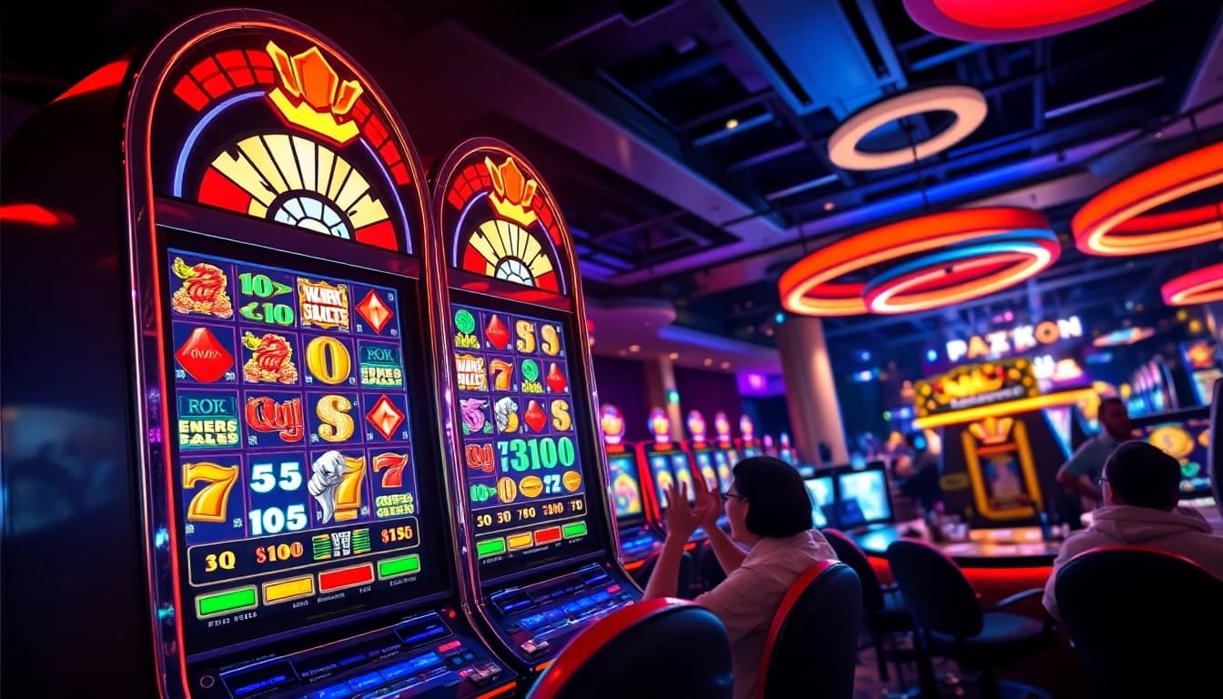 Memainkan slot depo 1k dengan mesin penuh warna dan suasana kasino yang heboh.