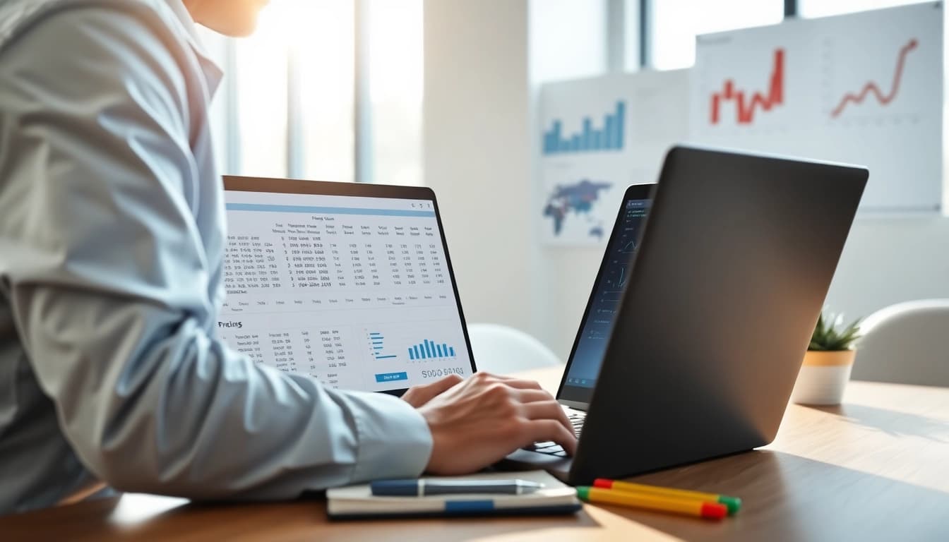 Find competitor pricing with a professional analyzing data on a laptop in a bright office.