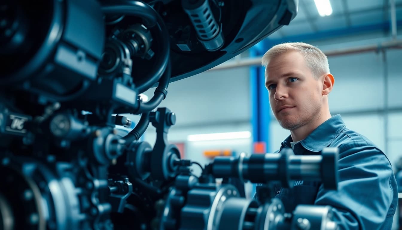 Inspecting powertrain extended warranty components in a professional automotive garage.