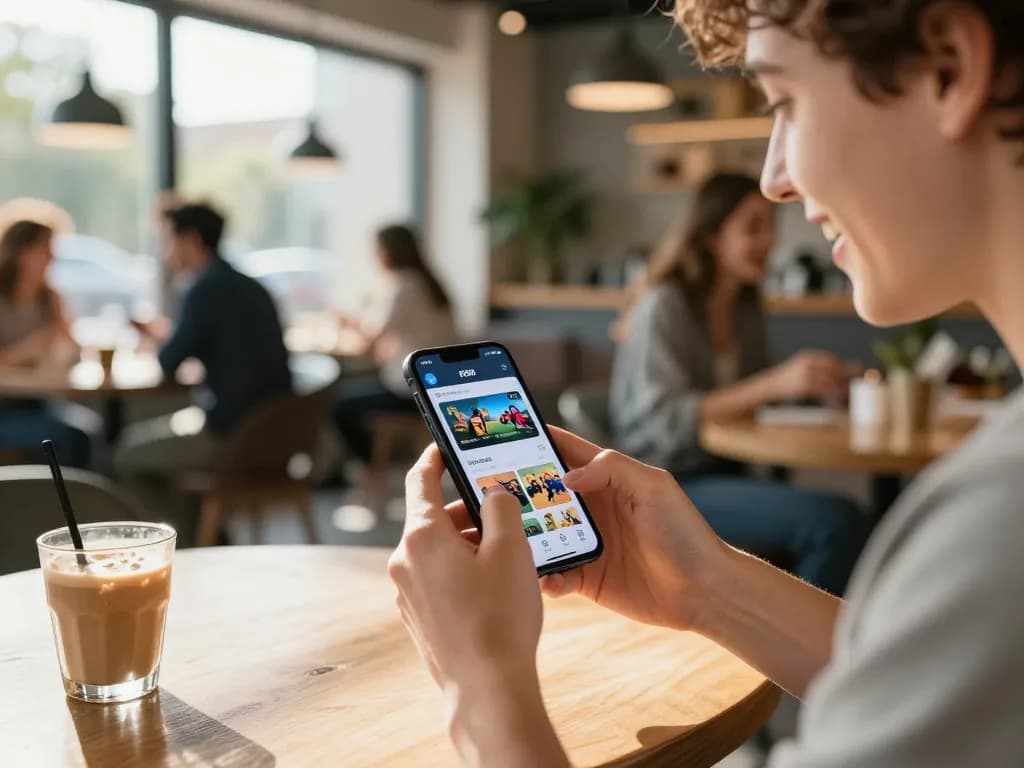 Experience the excitement of the RR88 App while enjoying a casual café atmosphere, highlighting mobile gaming.