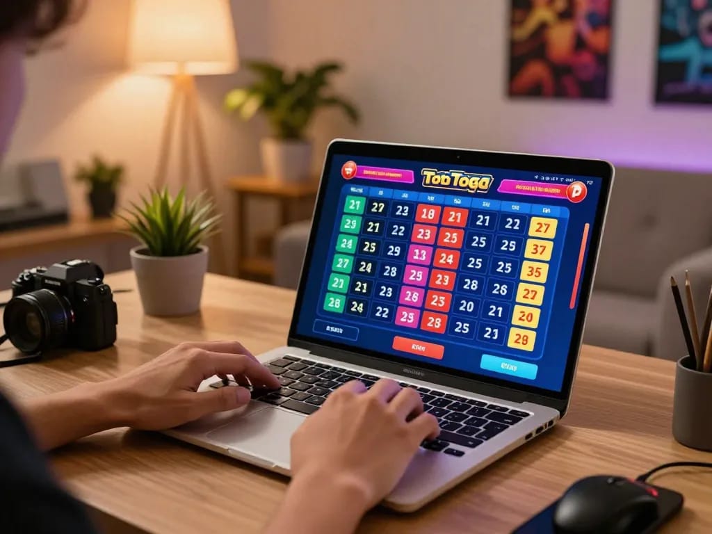 Engaged player betting with yowes jp during an online Toto Togel game on a laptop, showcasing focused gaming atmosphere