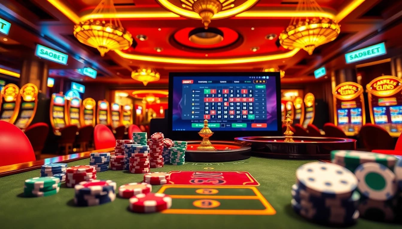 SBOBET online betting interface surrounded by poker chips and dice at a lively casino table.