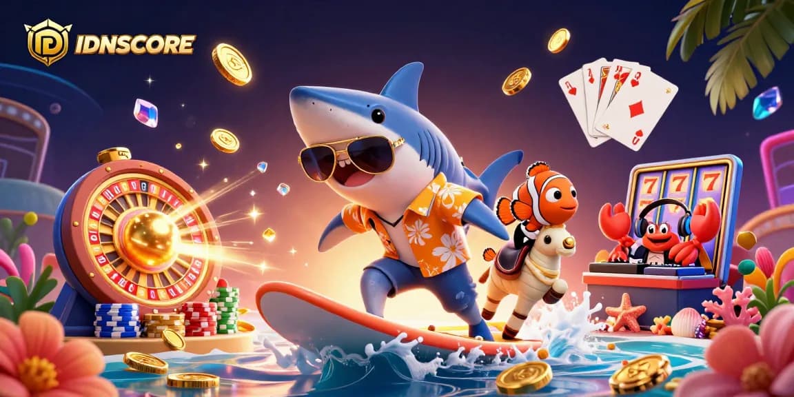 IDNSCORE offers exciting gaming with a shark surfing gold coins and vibrant casino elements.