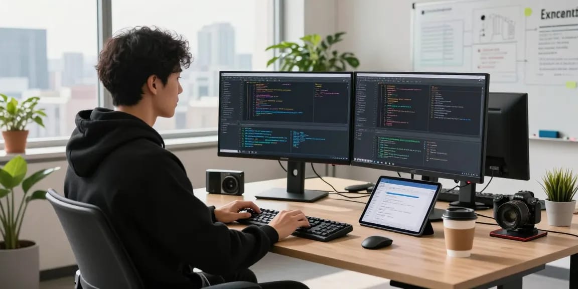 openclaw developer coding in modern office with dual monitors and bright natural light