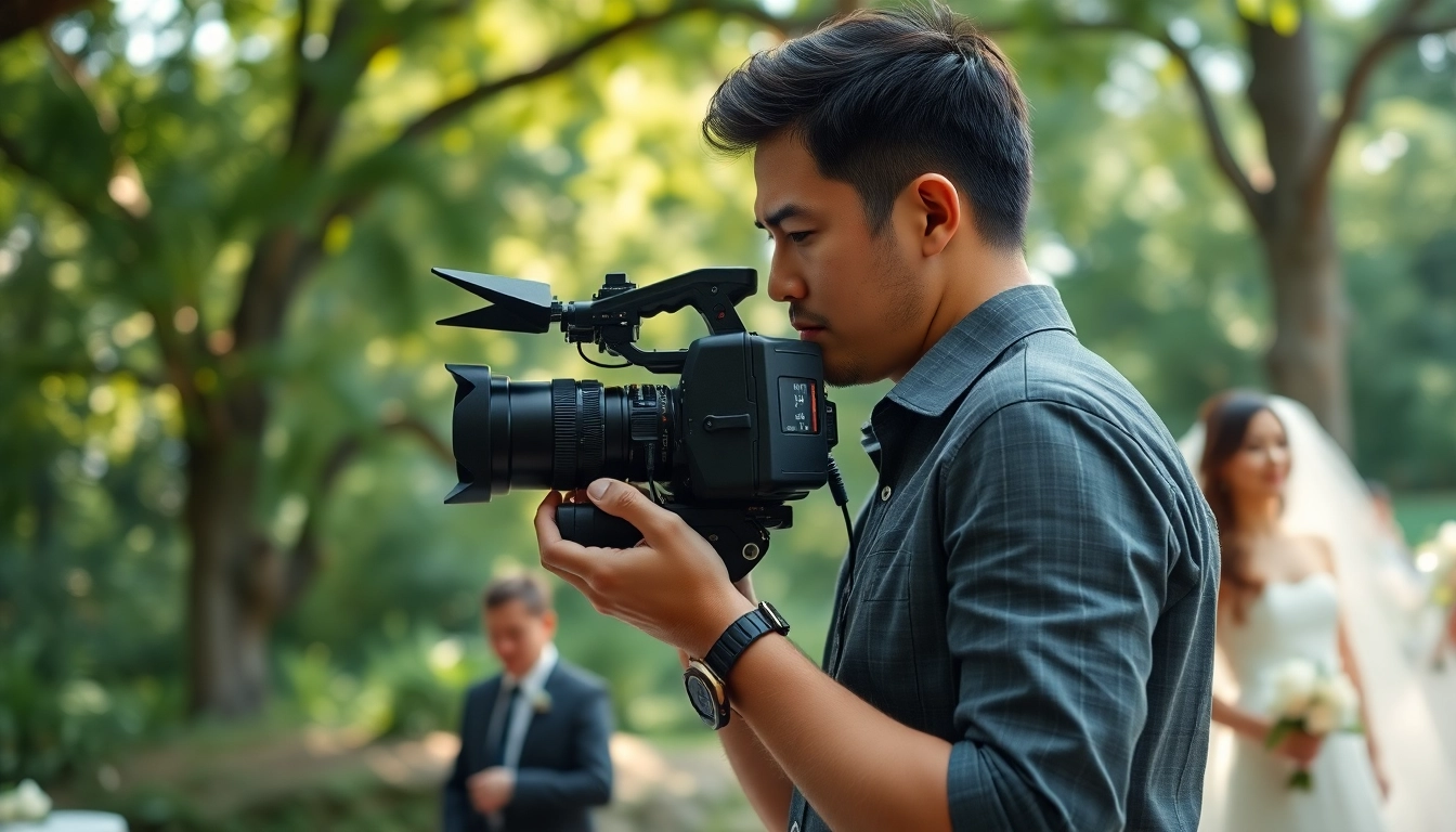 Videographer capturing a wedding scene with passion and creativity amidst a beautiful outdoor setting.
