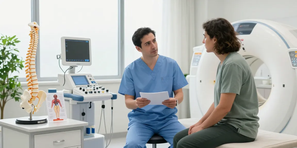 Discussing Bel fıtığı ameliyatı with a patient in a modern healthcare facility.